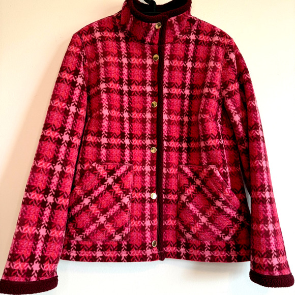 Isaac Mizrahi Live Womens Red Plaid Fleece Full Button Jacket Med Walking - Picture 1 of 13